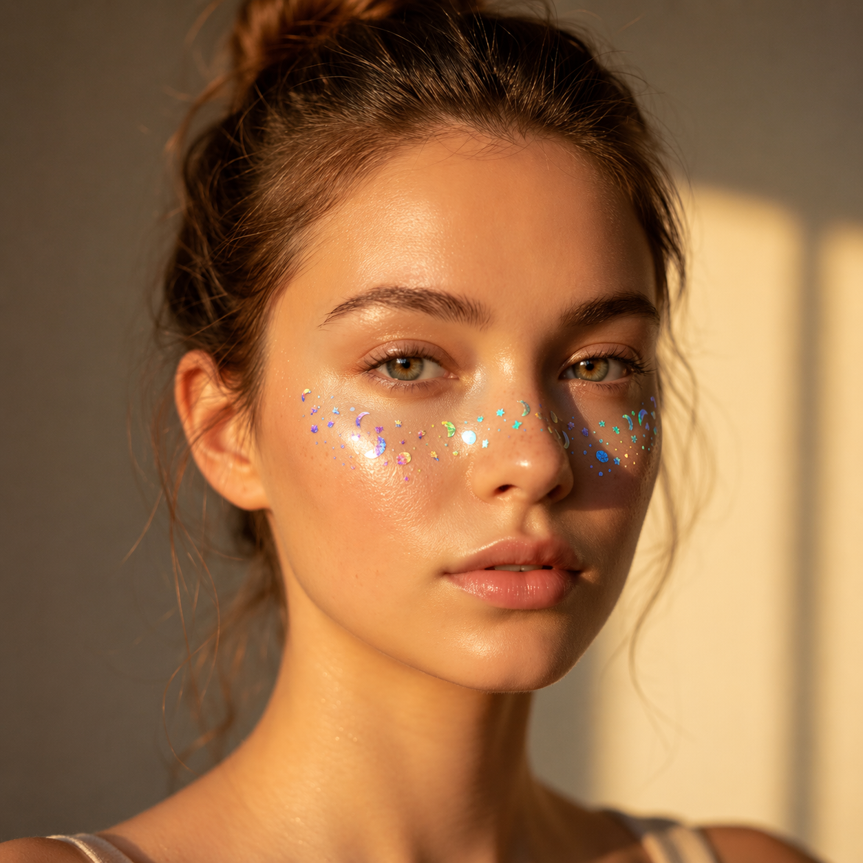 Model wearing blue and gold festival face decal temporary tattoos under the eyes in warm golden-hour light