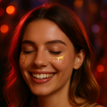 Model wearing gold moon and star face decals from Stardust & Confetti party temporary tattoo set