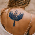 Winged cross semi-permanent tattoo design applied on the upper back