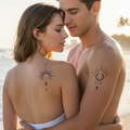 Couple wearing matching celestial semi-permanent tattoos on the shoulder and upper arm