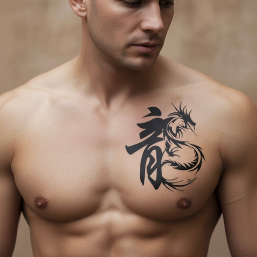Male model wearing a black dragon semi-permanent tattoo on the upper chest