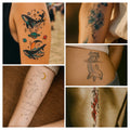 Collage of mixed temporary tattoo designs from The Art Pack on arms and torso