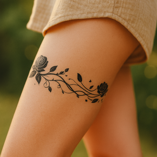 Floral band semi-permanent tattoo design applied around the upper thigh
