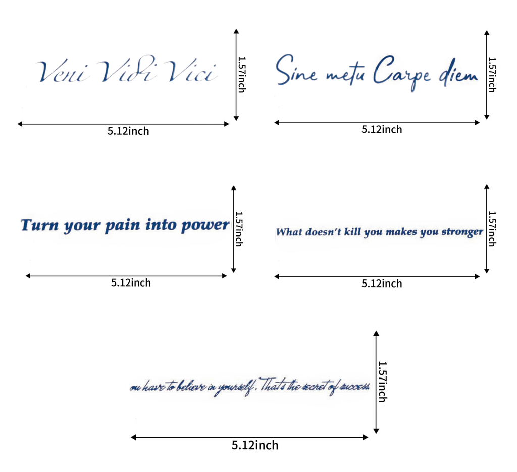 Semi Permanent, Long Lasting "Warrior's Words" Inspirational Script Herbal Tattoo Set (5 Pieces)