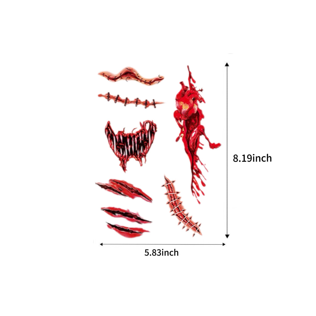 "Hollywood Horror" Halloween SFX Makeup Tattoo Set (6 Sheets) Scar, Spider, Vampire, Wound, Skull