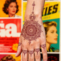 Henna-style mandala temporary tattoo applied on hand with finger details