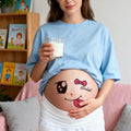 Pregnant model wearing Party Starter temporary belly tattoo for playful party styling