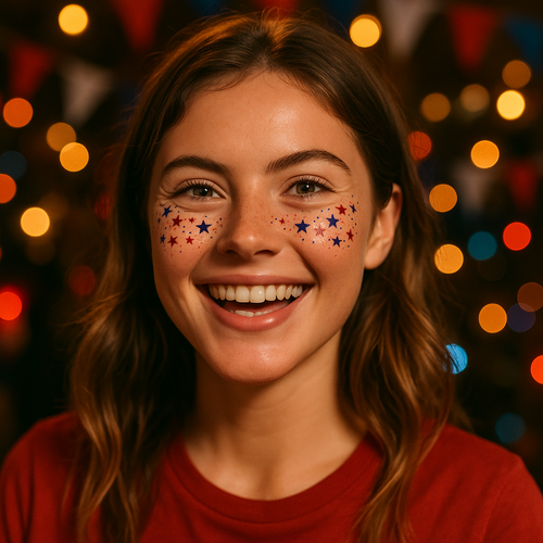 Model wearing patriotic star face decals for festival and party makeup